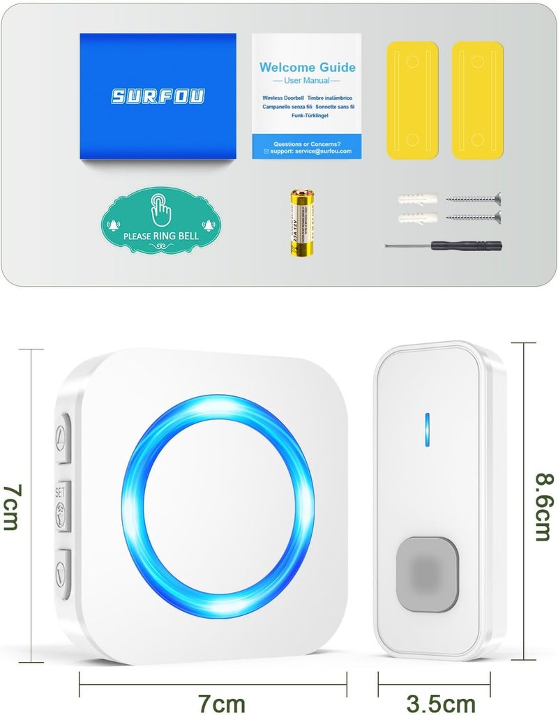 SURFOU Wireless Doorbell, Waterproof, Easy installation -1300ft Range 55 Chimes, 5 Adjustable Volume Levels - LED Flash (1 Button+3 Receivers-White) - Image 3